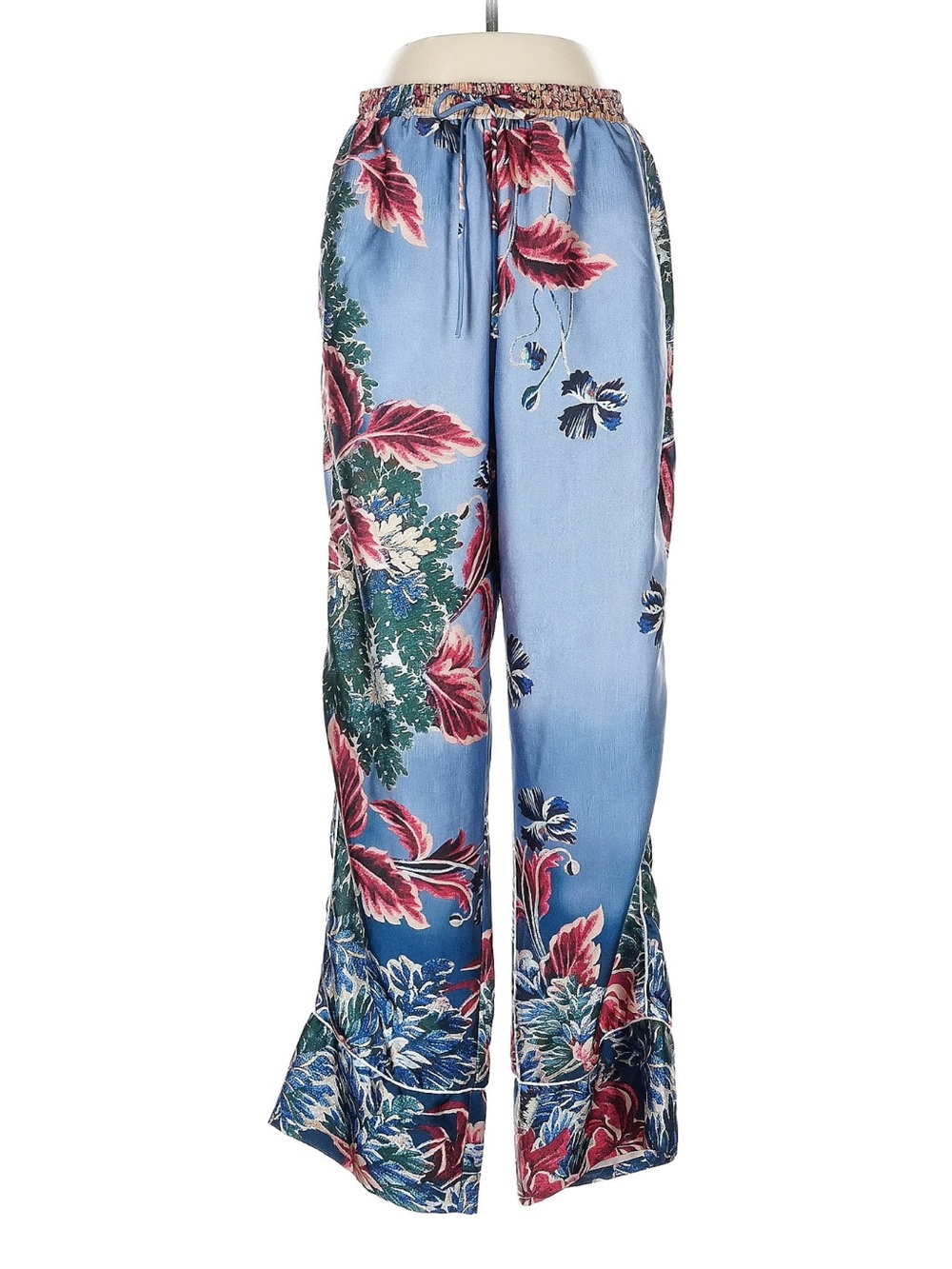 PatBO Blue Floral Wide-Leg Satin Pants
